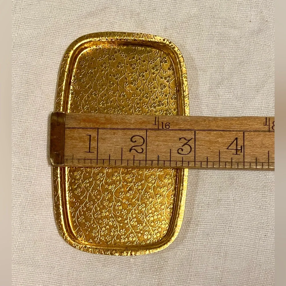 Vintage Gold Metal Rectangular Mini Tray with delicate leaf pattern.